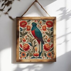Folklorico Quetzal Bird Floral Art Print– Mexican Folk Art, Vintage Nature Decor